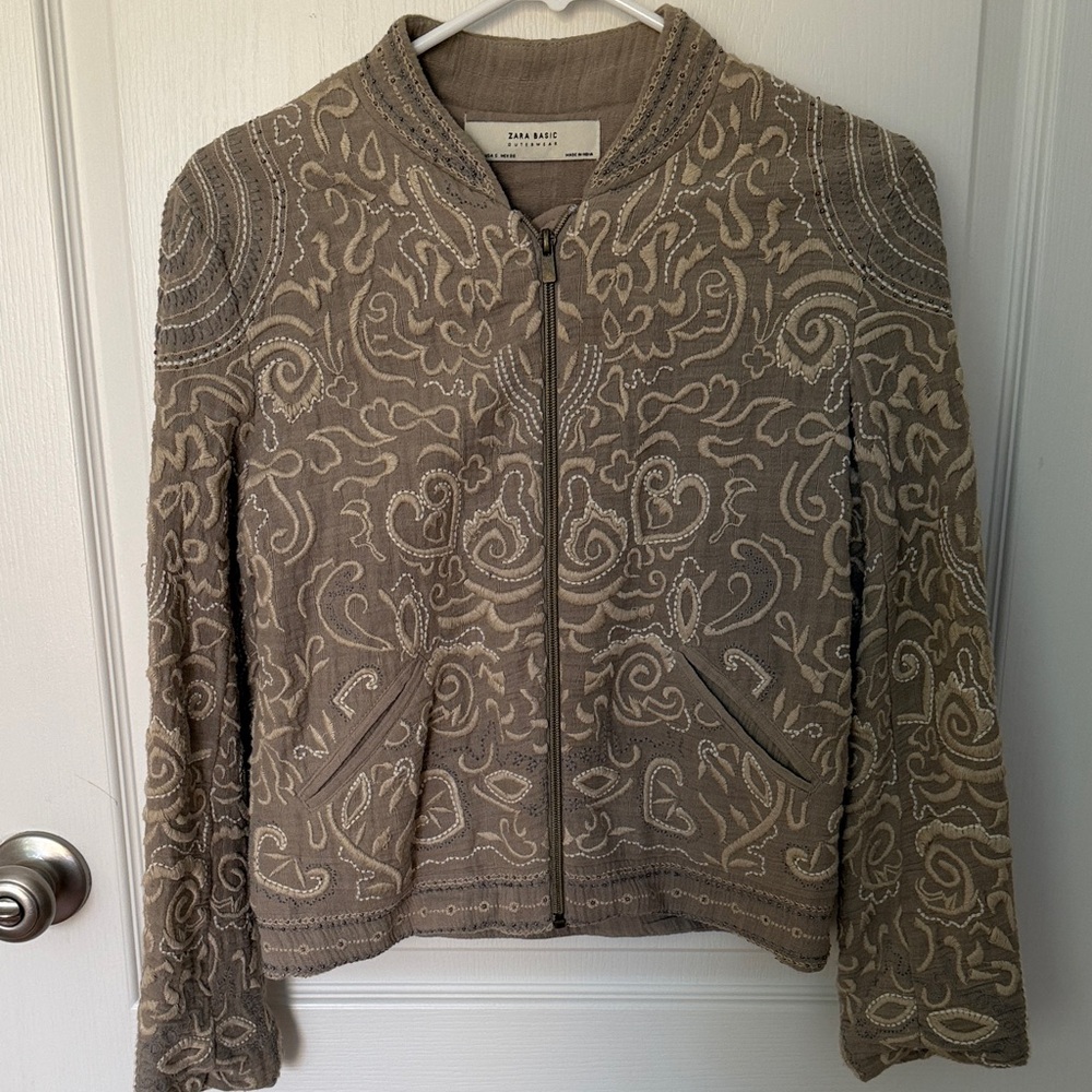 Zara Taupe Embroidered Bomber Jacket